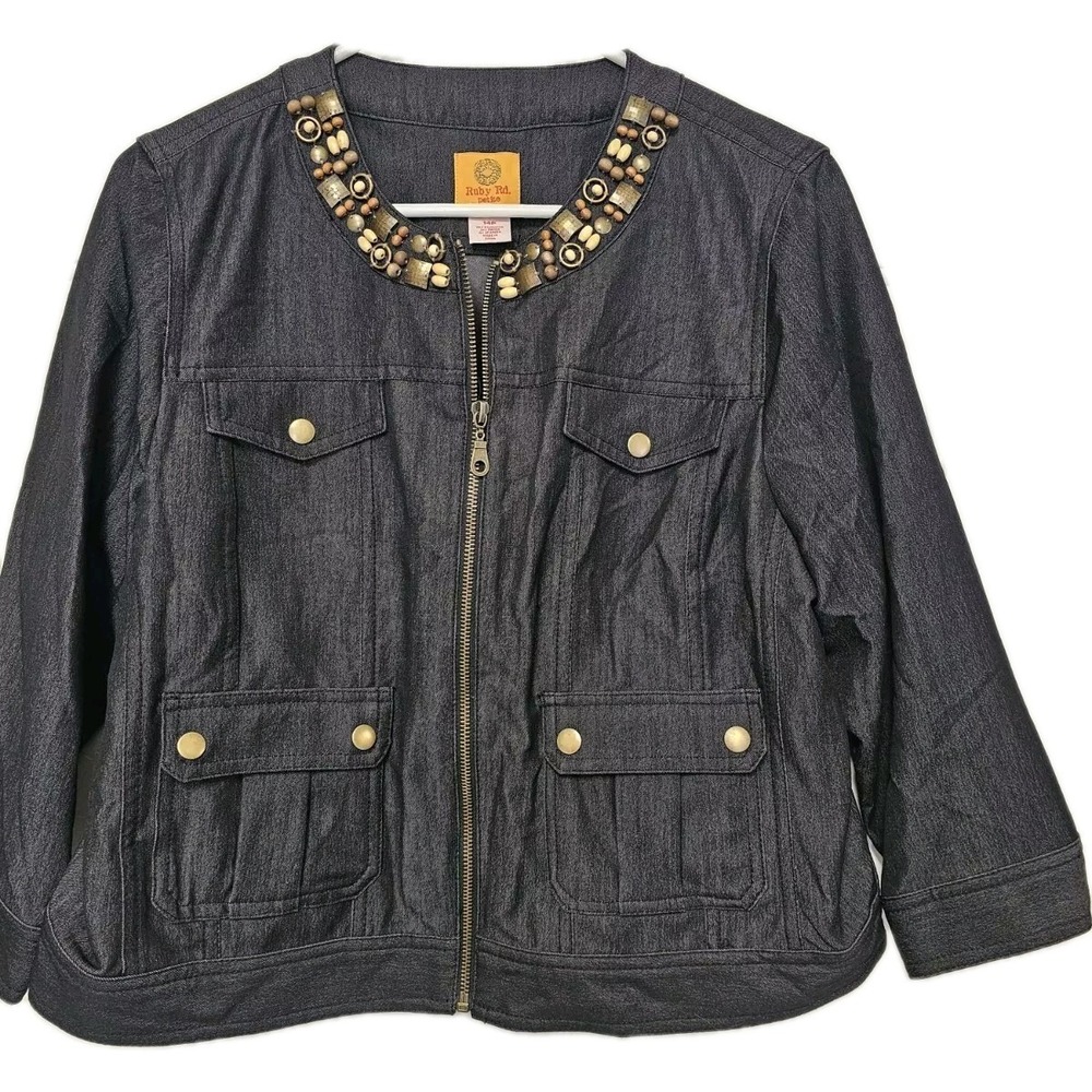 RUBY RD WOMAN 14 P Embellished Bead Jacket Zip Up Front‎ Pockets Chambray EUC